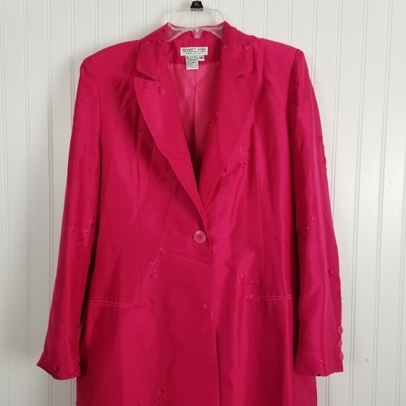 Newport News Silk Long Blazer Jacket Knee Length Embroidered Flowers Pink Sz 12 - Picture 6 of 13